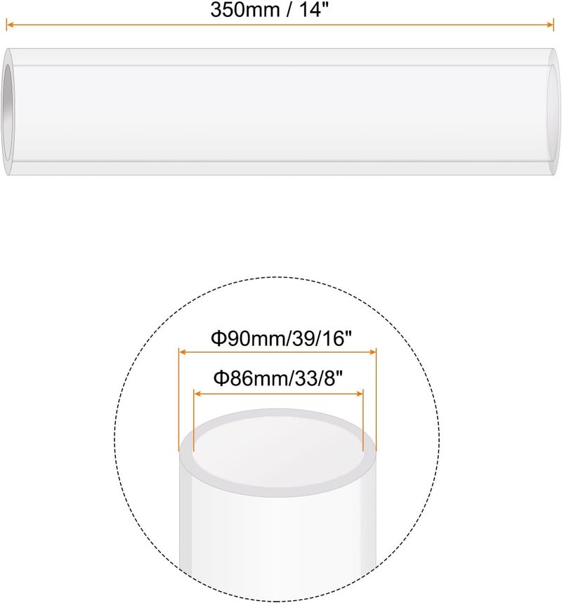 Rebower 14" Clear Plastic Rigid Pipe 86mm ID x 90mm OD (3 3/8" ID x 3 9/16" OD) Acrylic Round Polycarbonate Tubing, [for Plumbing, Hydraulics, Aquarium] - Image 2